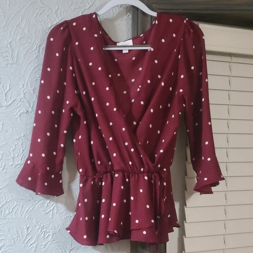 Everly Women's Wrap Around Low cut 3/4 Sleeve Polka-Dot Blouse/Top
